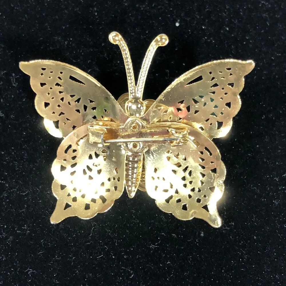 Butterfly Gold Tone Brooch Pin Filigree Style Faux Pearl Flower Unsigned Vintage